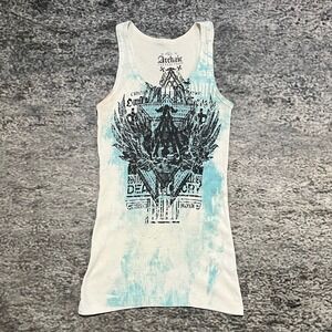 Archaic By Affliction Tank Top Womens Medium White Blue Biker Grunge‎ Cyber Y2K